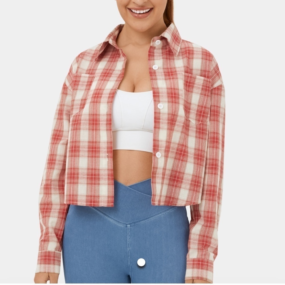 Halara Red Plaid Cropped Button Down Top XS NWT